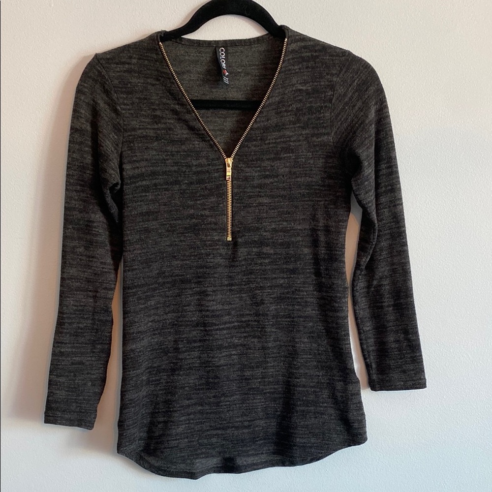 Colori Gray Long Sleeve Top with Gold Zipper